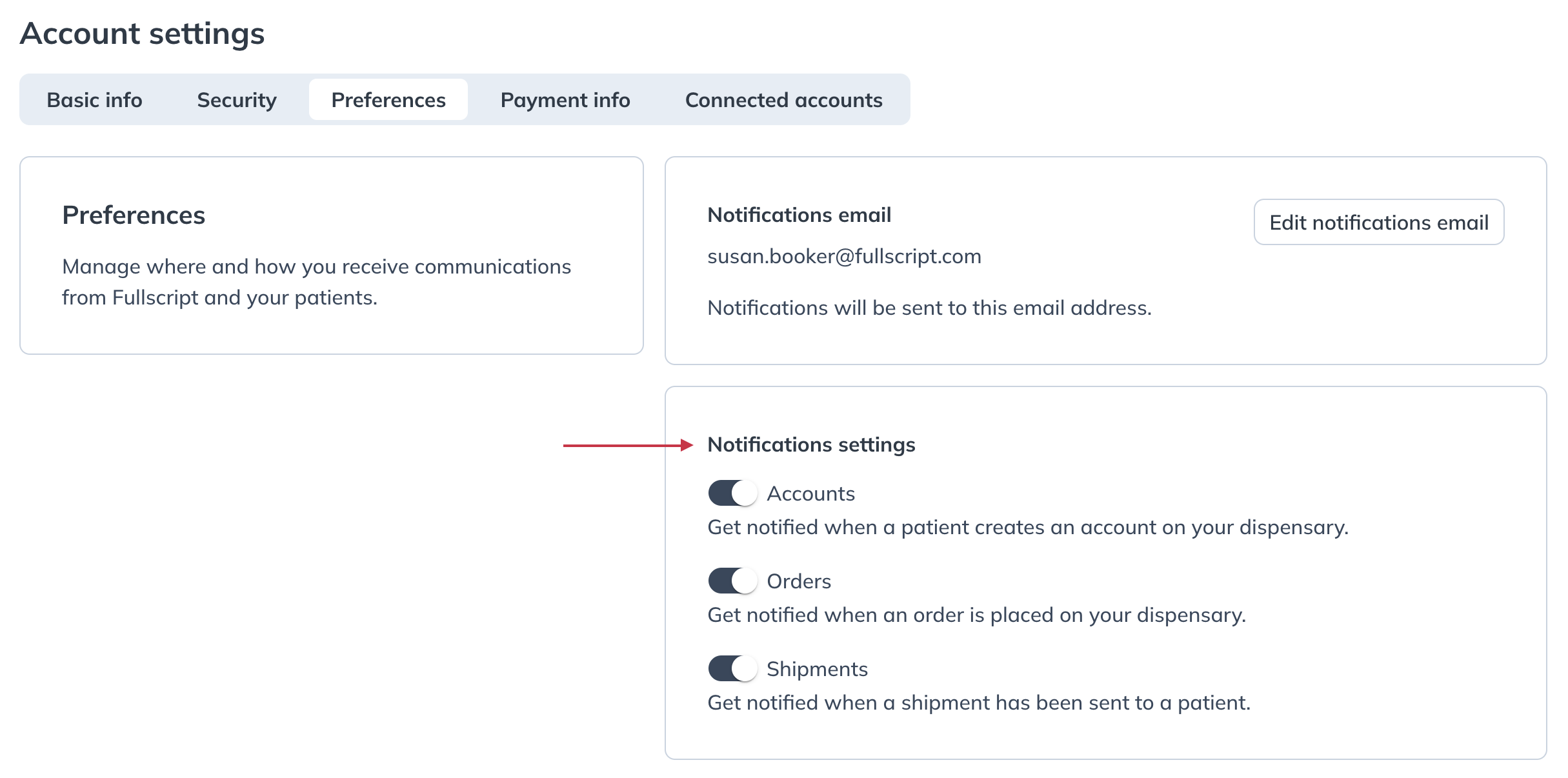 Turn patient account activation, patient order, or shipment notifications on or off