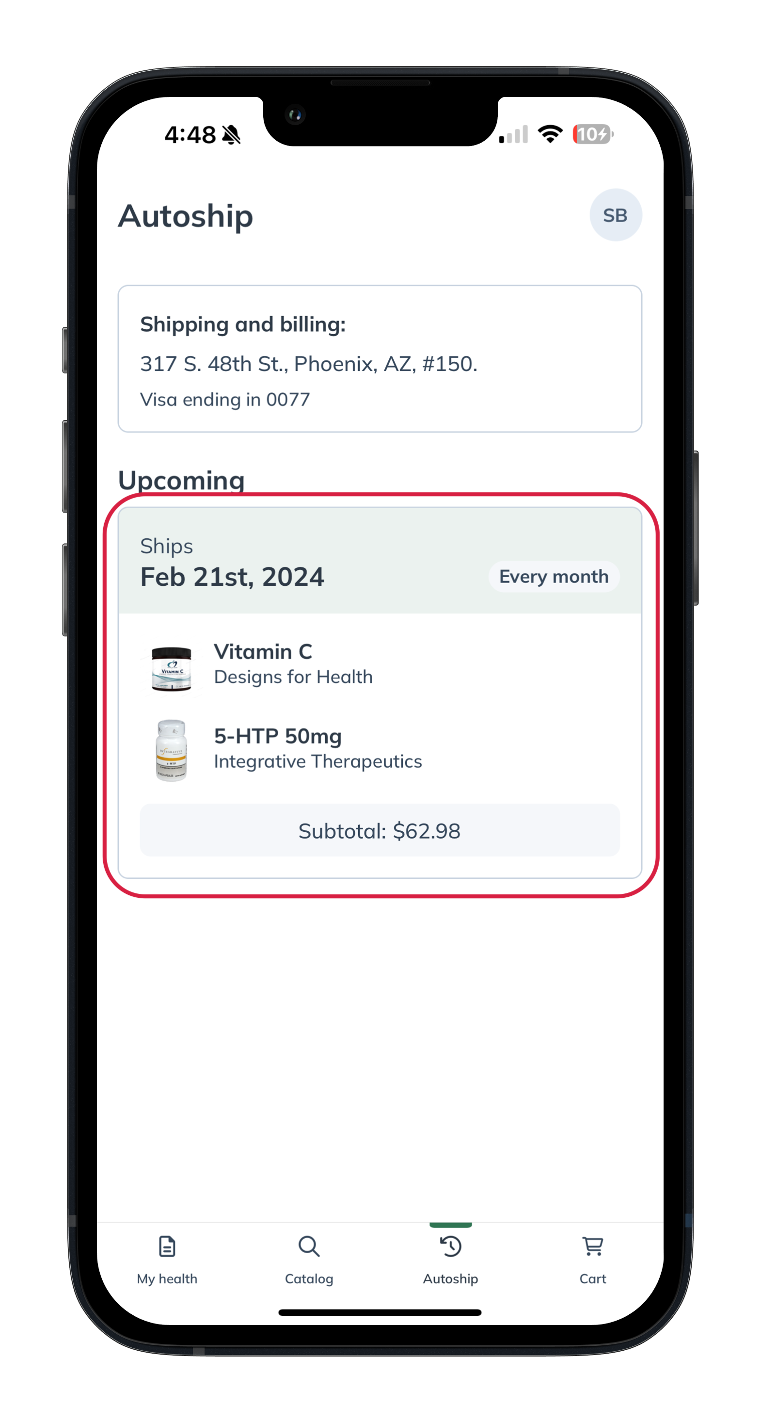 Tap on an autoship schedule