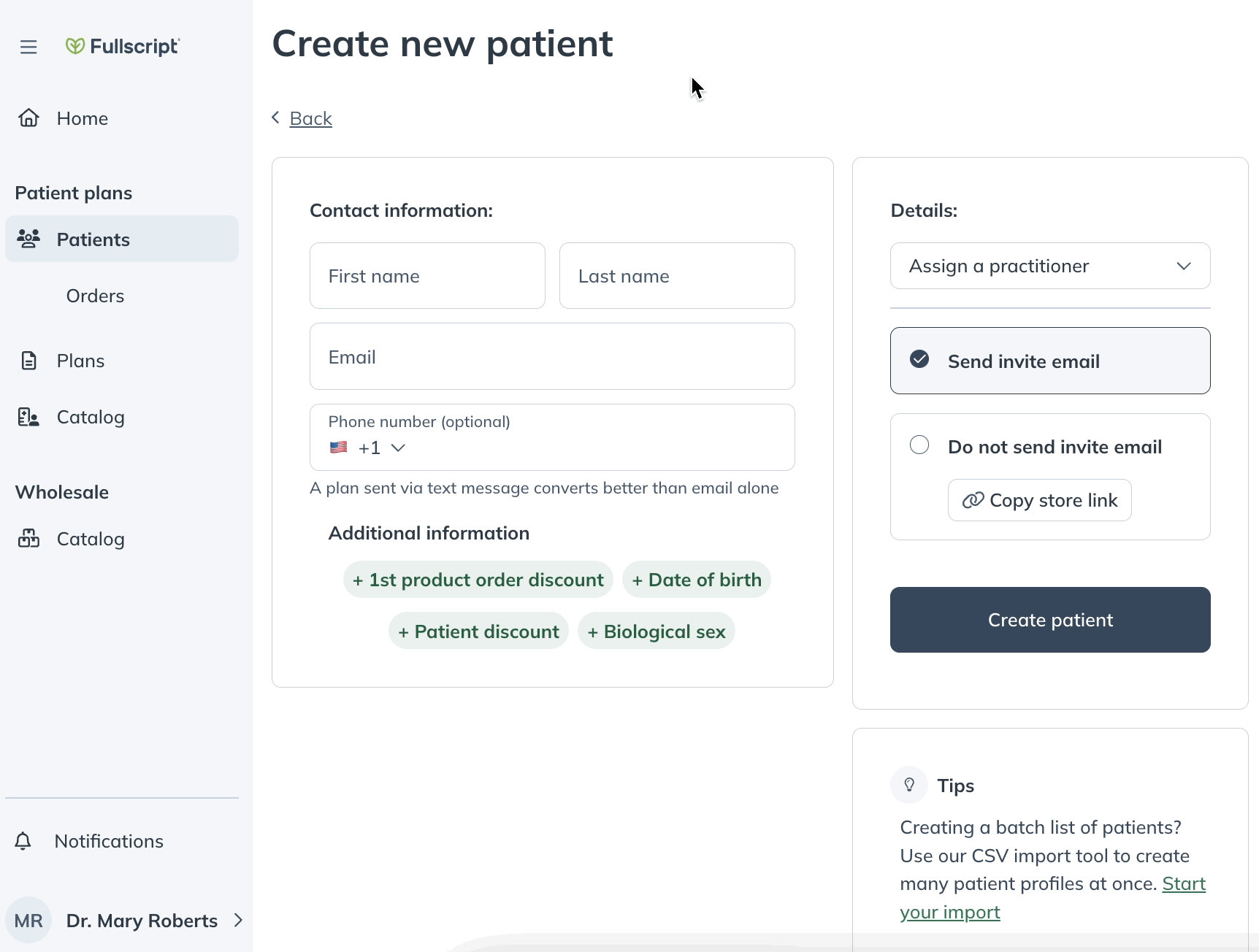 Creating a new patient and giving them an individual discount.