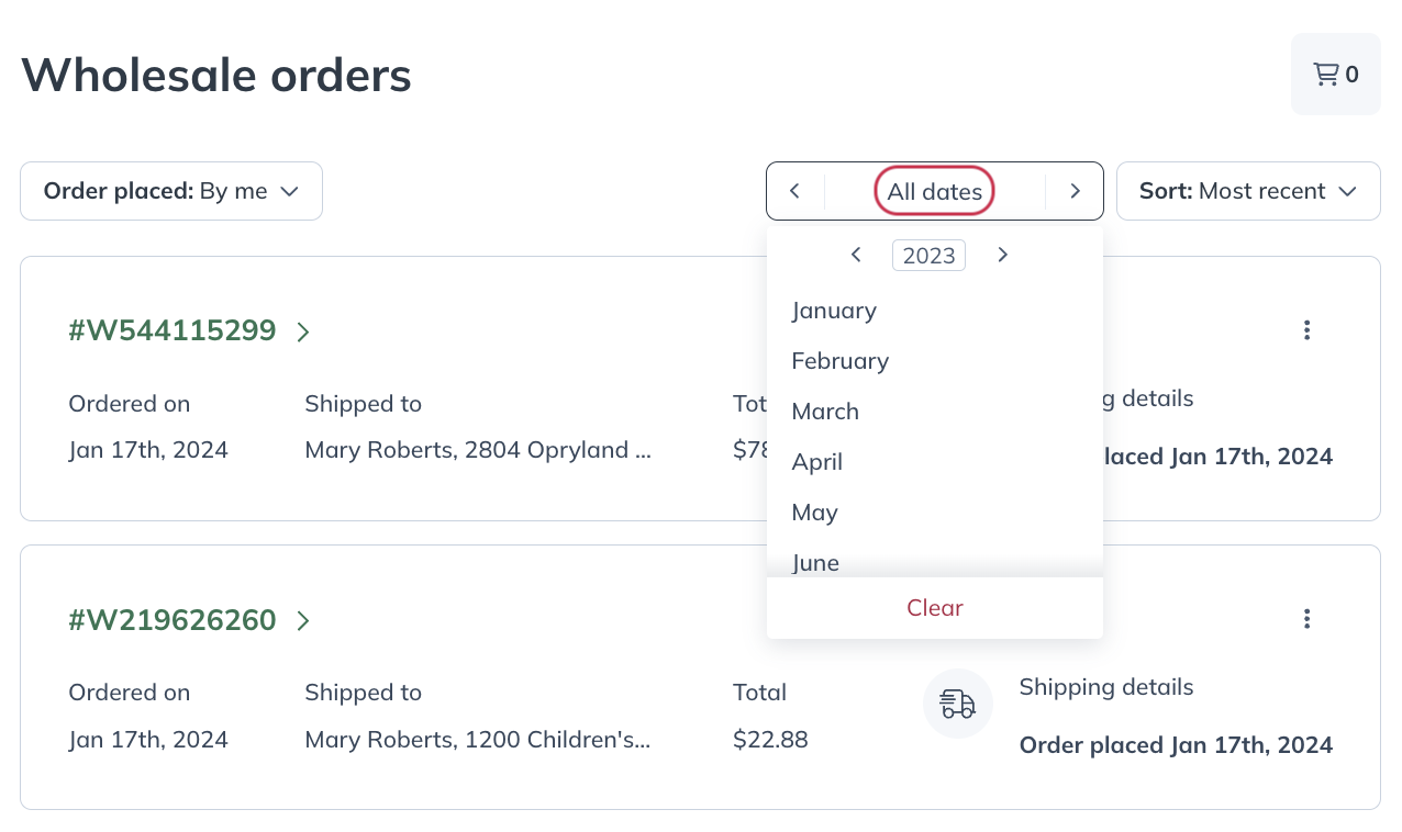 Filtering wholesale orders by date