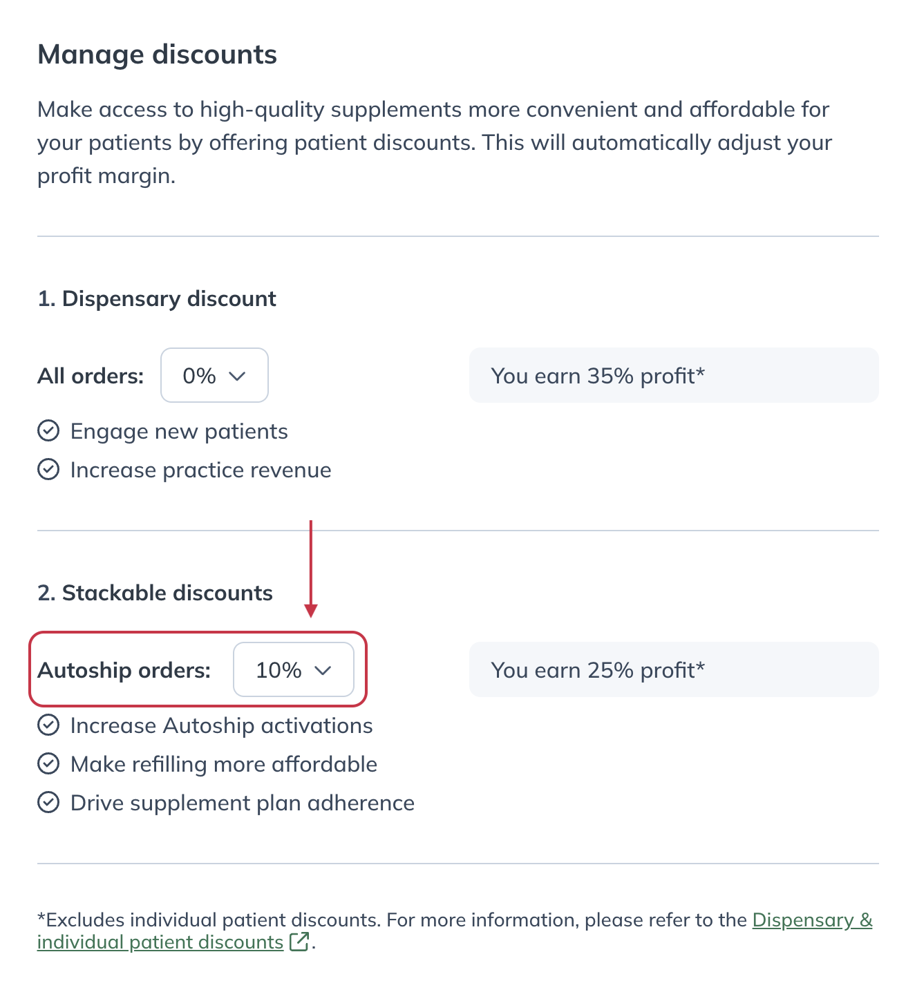 Stackable discounts section on the Business financials page