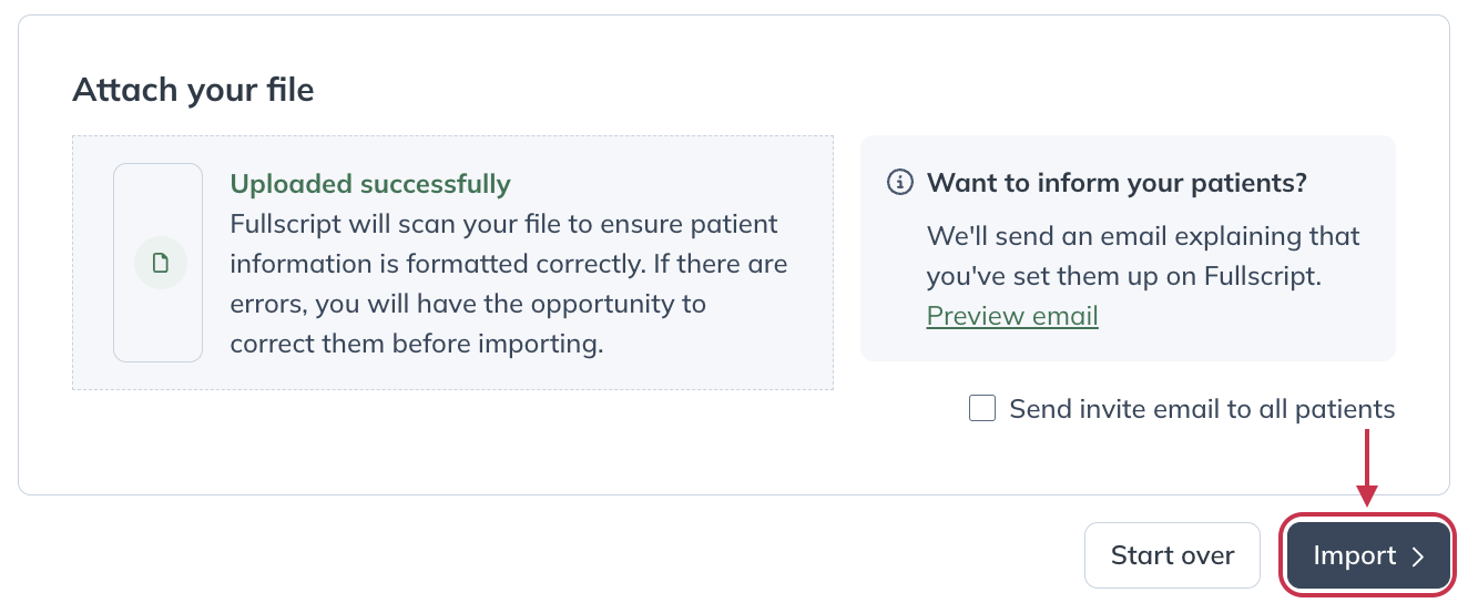 Import button to start your patient list upload.