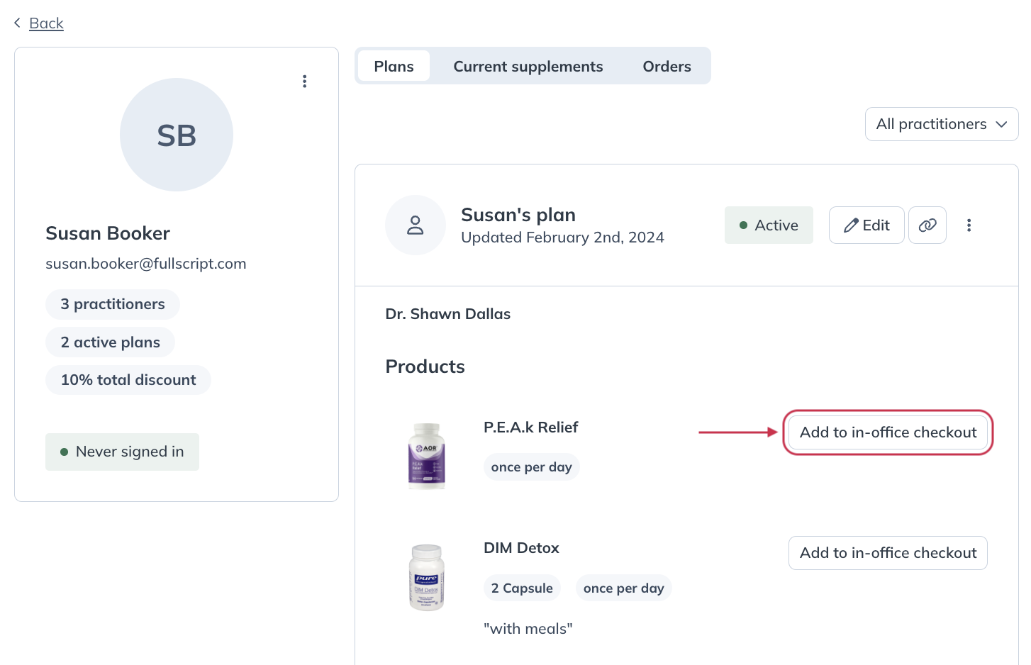 Adding products from a supplement plan to begin assembling an in-office cart