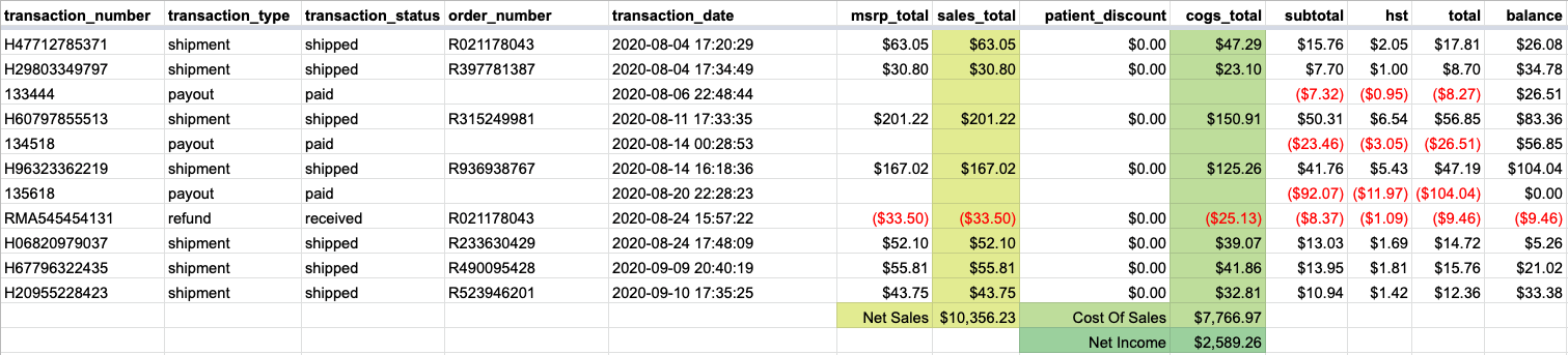 sample account activity and balance report with net sales, cost of sales, and net income calculated