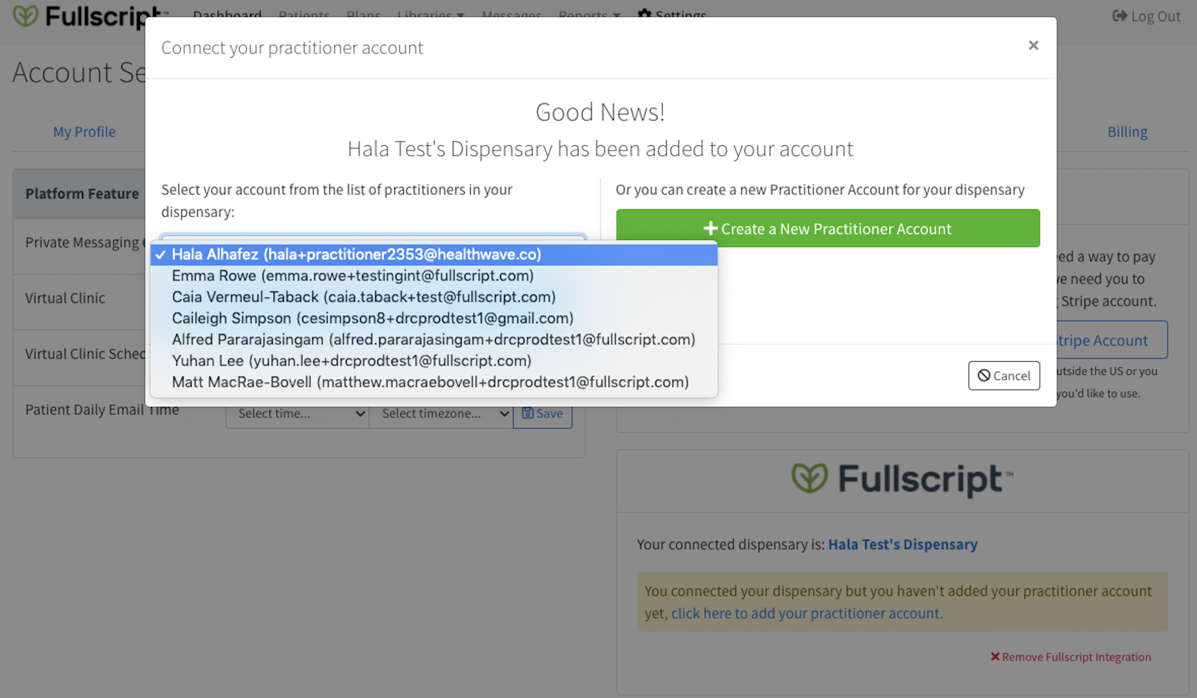 selecting your fullscript account from the list
