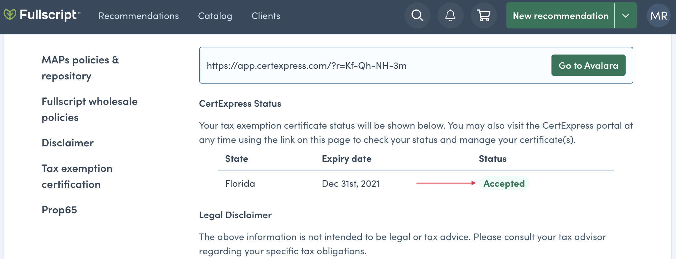viewing tax exempt status from the wholesale policies page