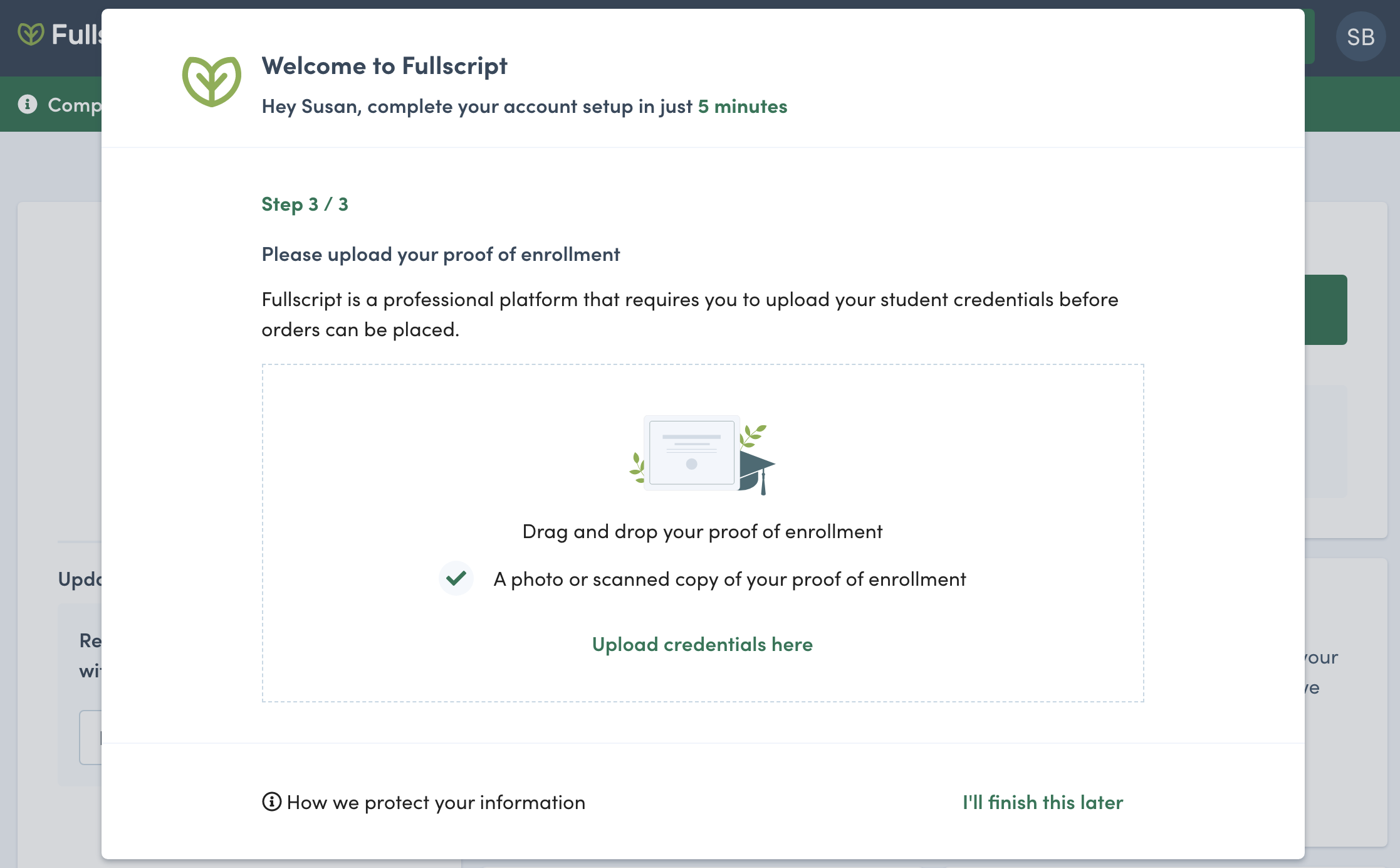 uploading student credentials to complete an account setup.