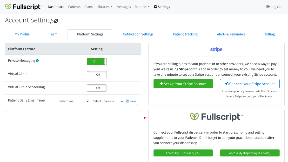 finding the fullscript section in your platform settings