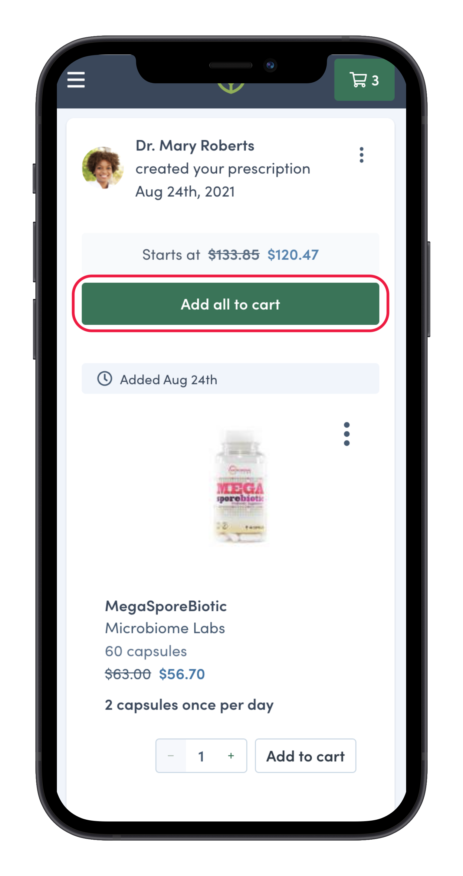 Adding products from a recommendation or prescription to your shopping cart