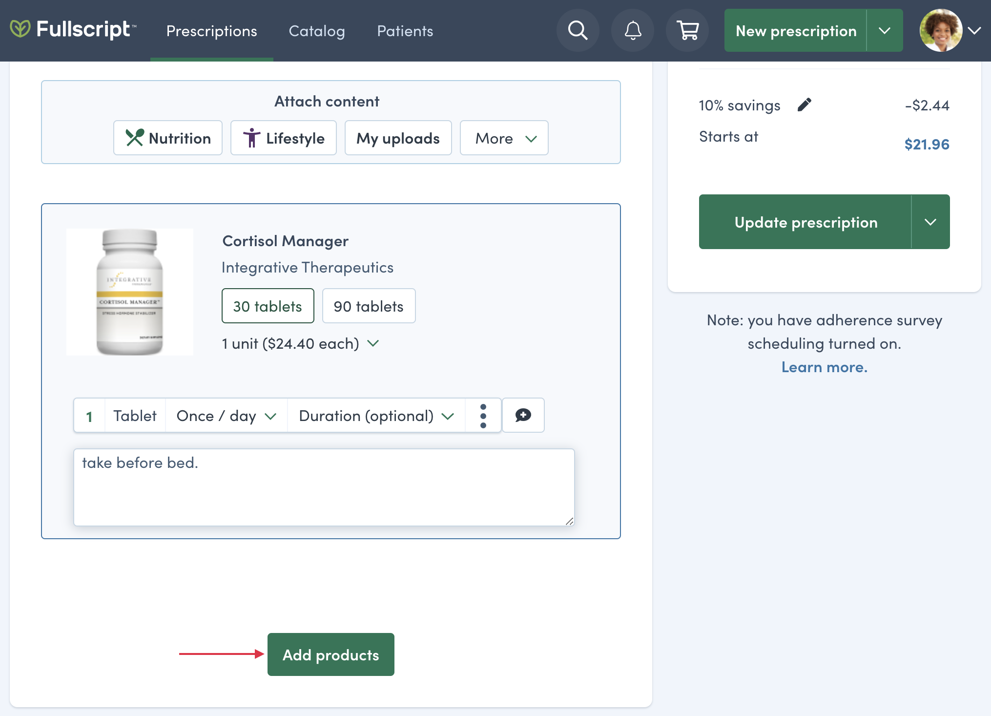 add products to active prescription