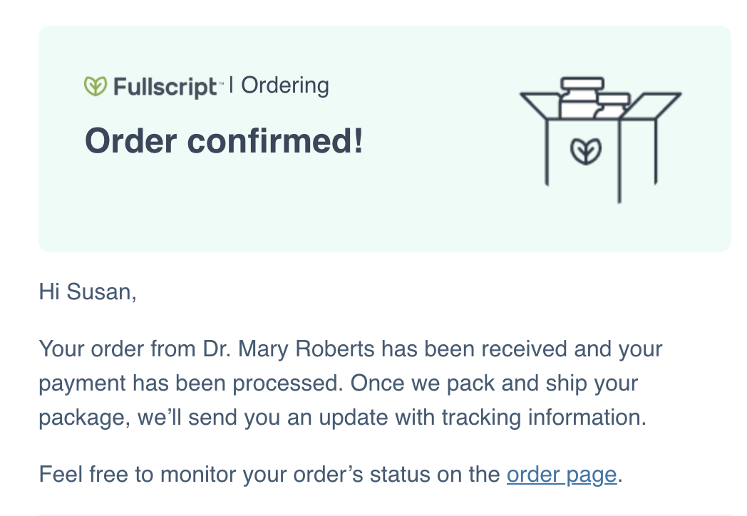 An email confirmation for an order.