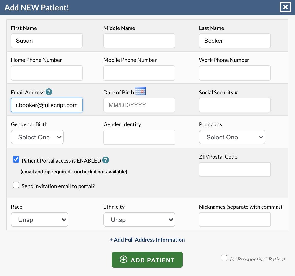 Fill in required fields then click add patient