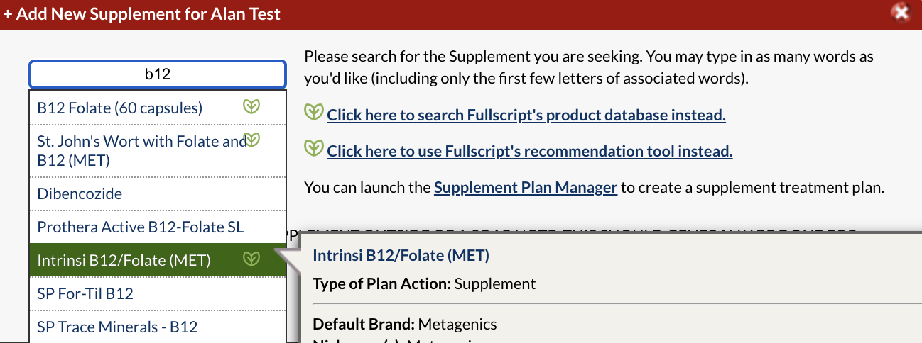 Selecting a fullscript product from the results