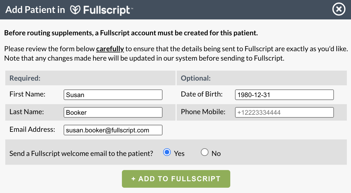clicking add to fullscript to create the new fullscript account