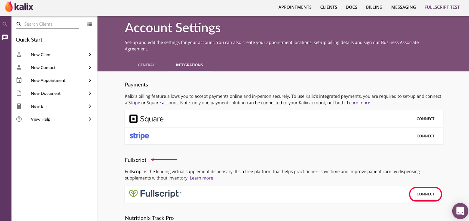 connect with fullscript from settings.