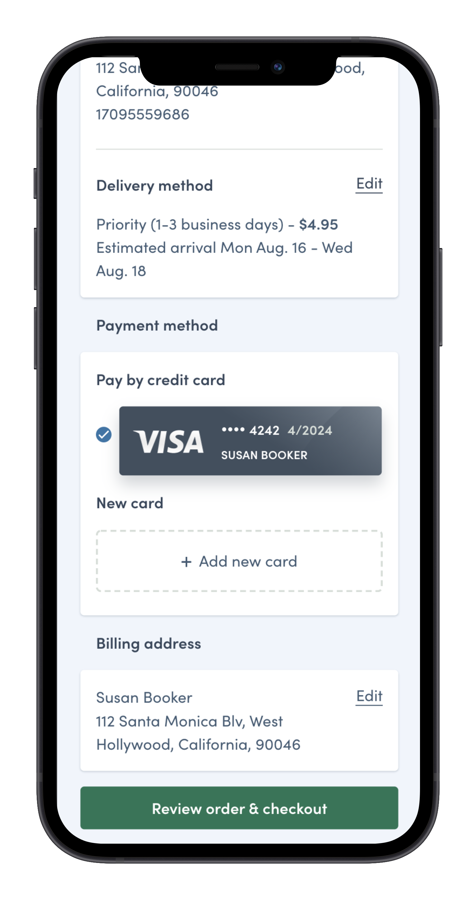 Select a saved payment method or enter a new card for the order.