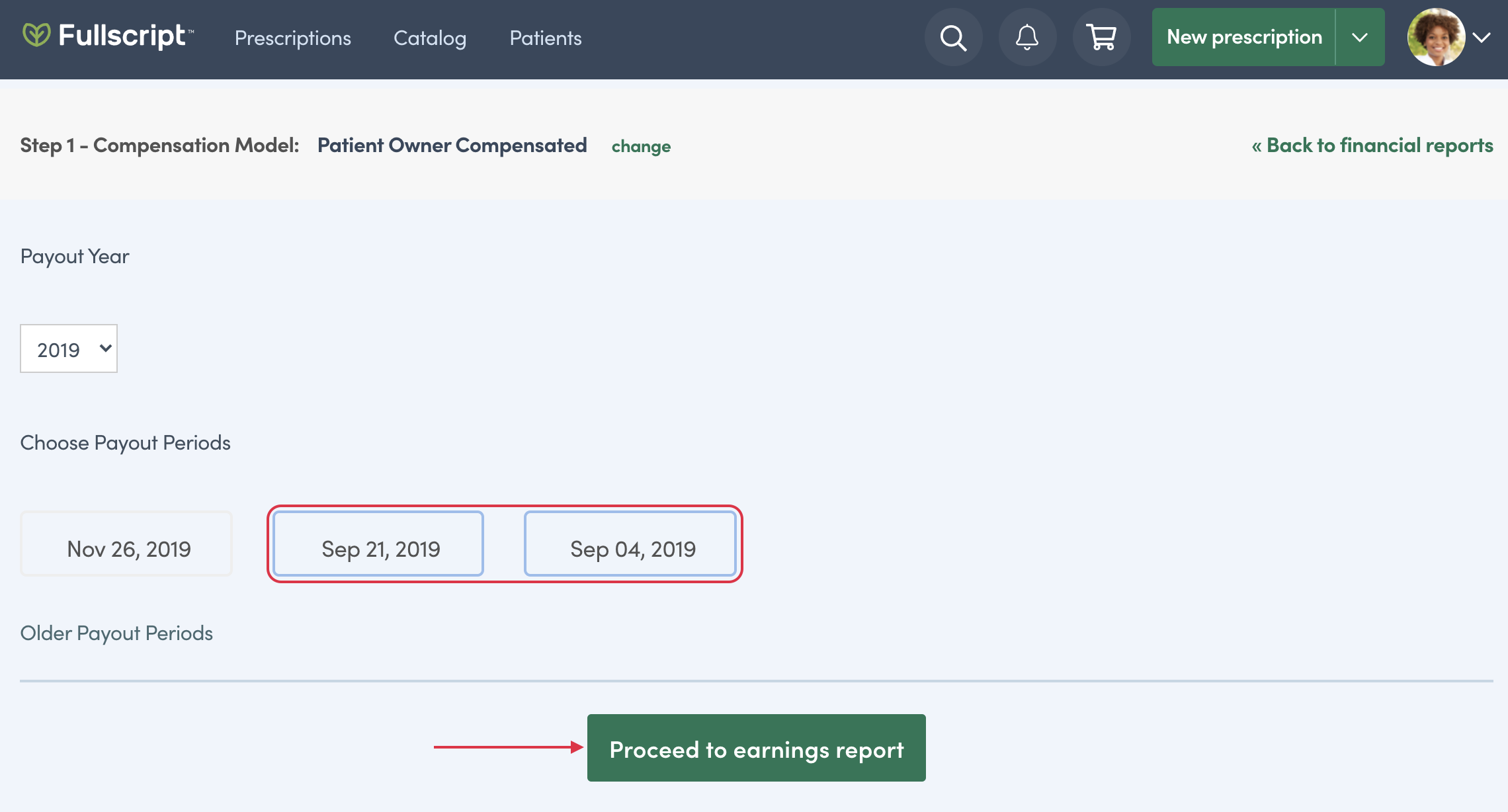 selecting payout dates date to include in the report, then select proceed to earnings report