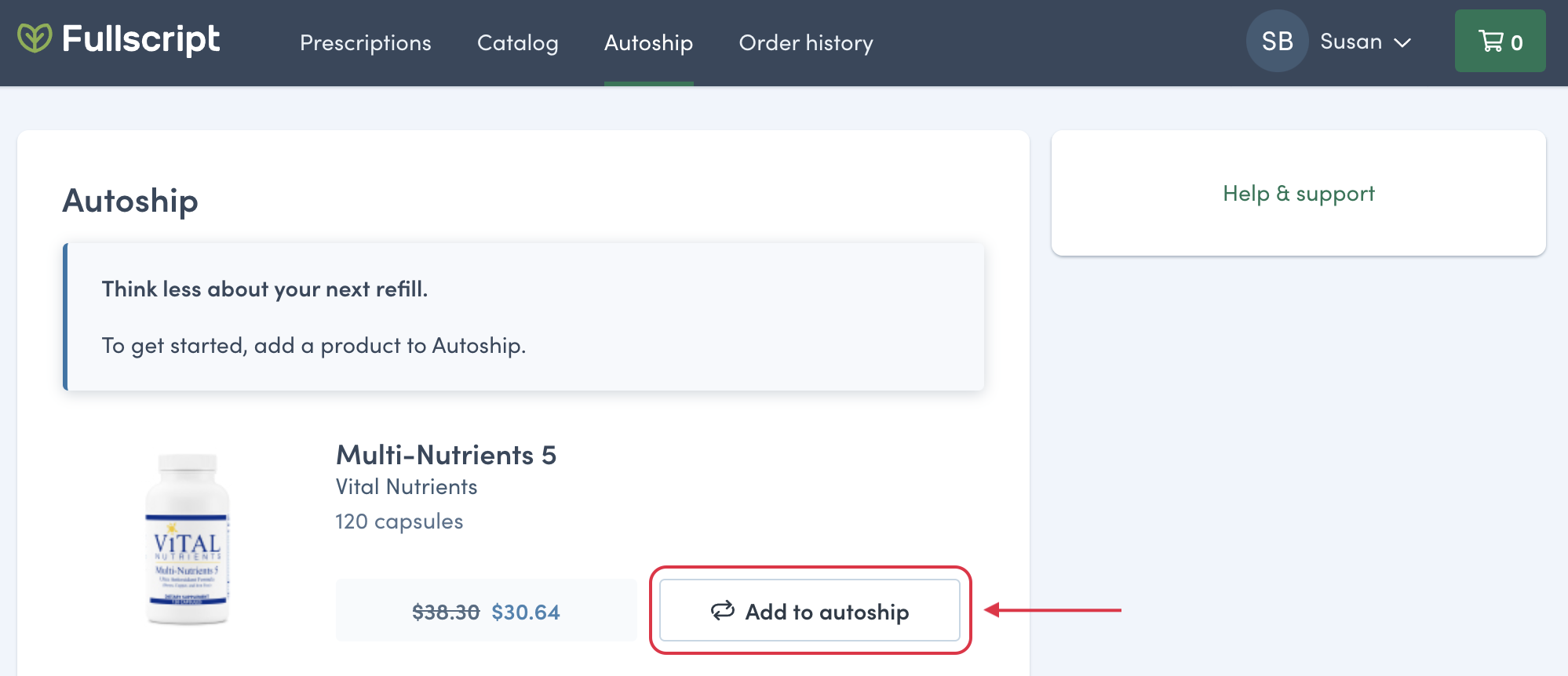 Adding a product to autoship from the Autoship page accessible from the patient menu.