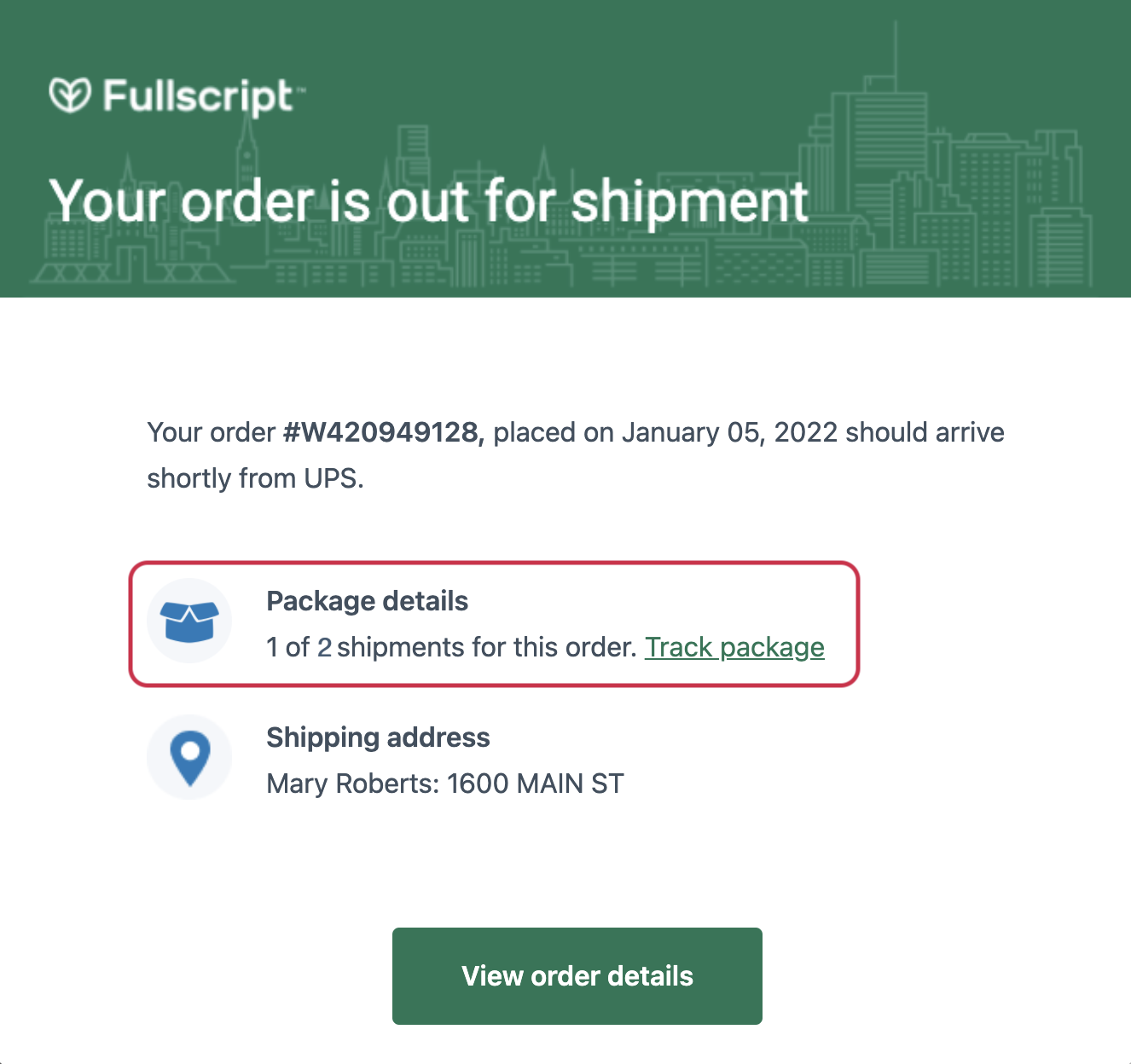 Wholesale shipment confirmation email.