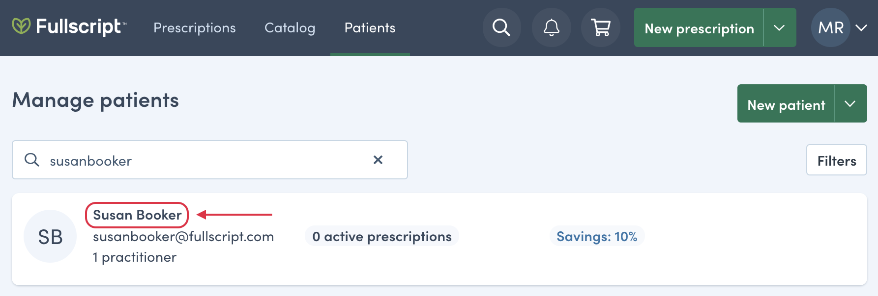 Select the patient's name to access their profile.