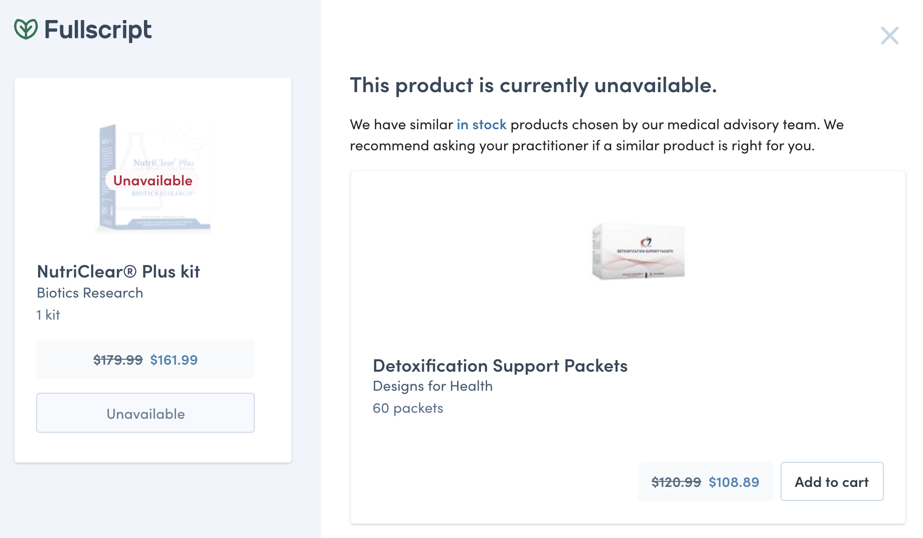 Viewing similar products in the unavailable notification window
