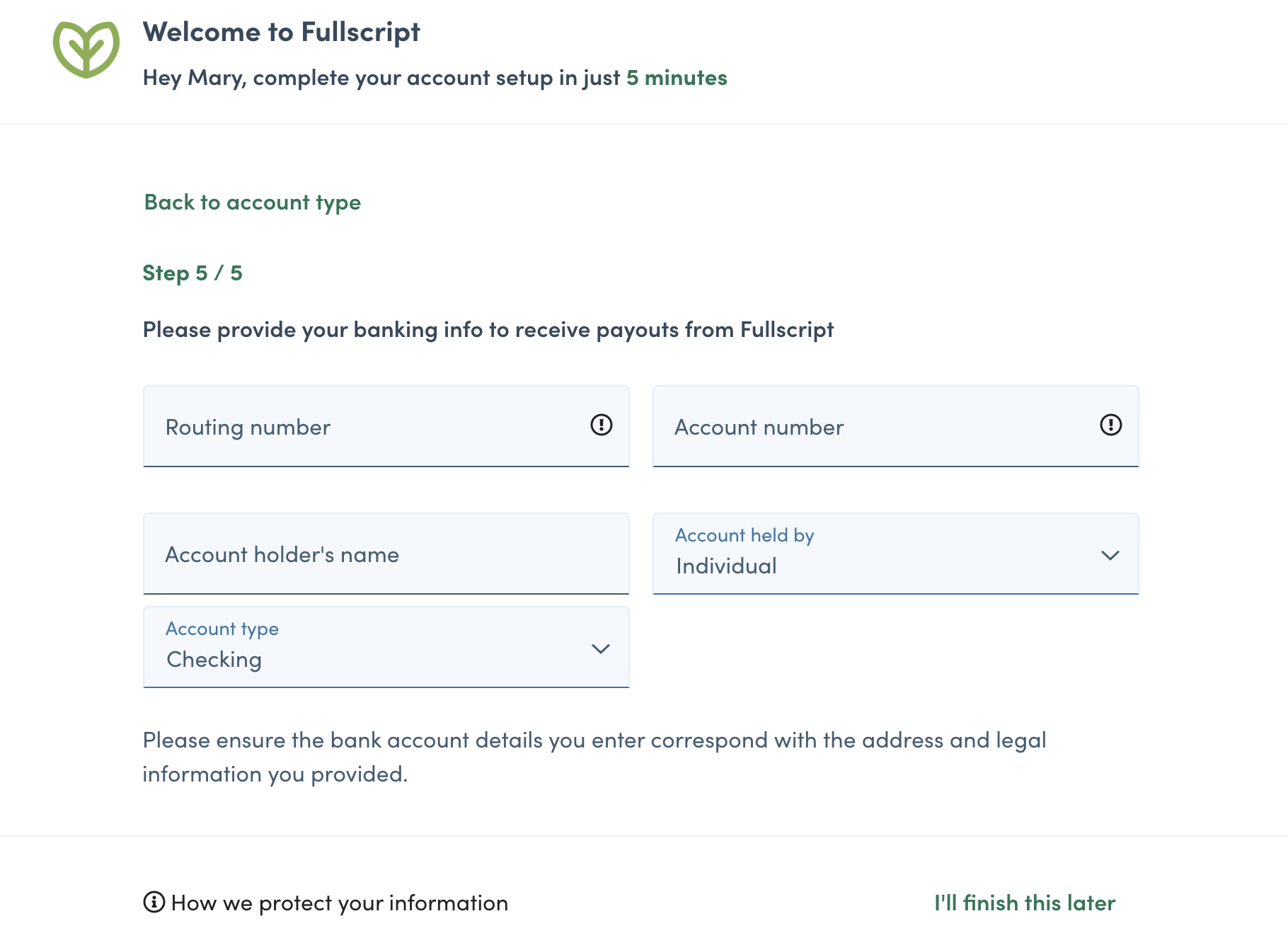 Adding first bank account in onboarding modal