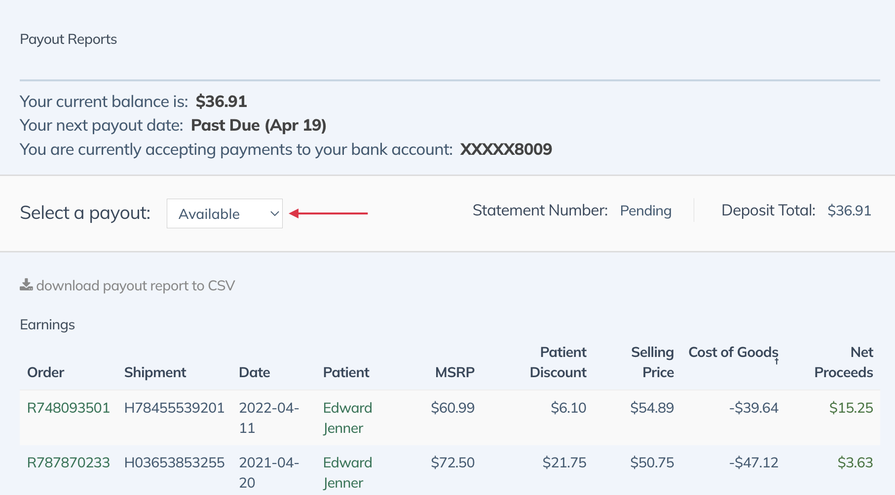 a payout displaying available earnings to be paid out on the next payout date