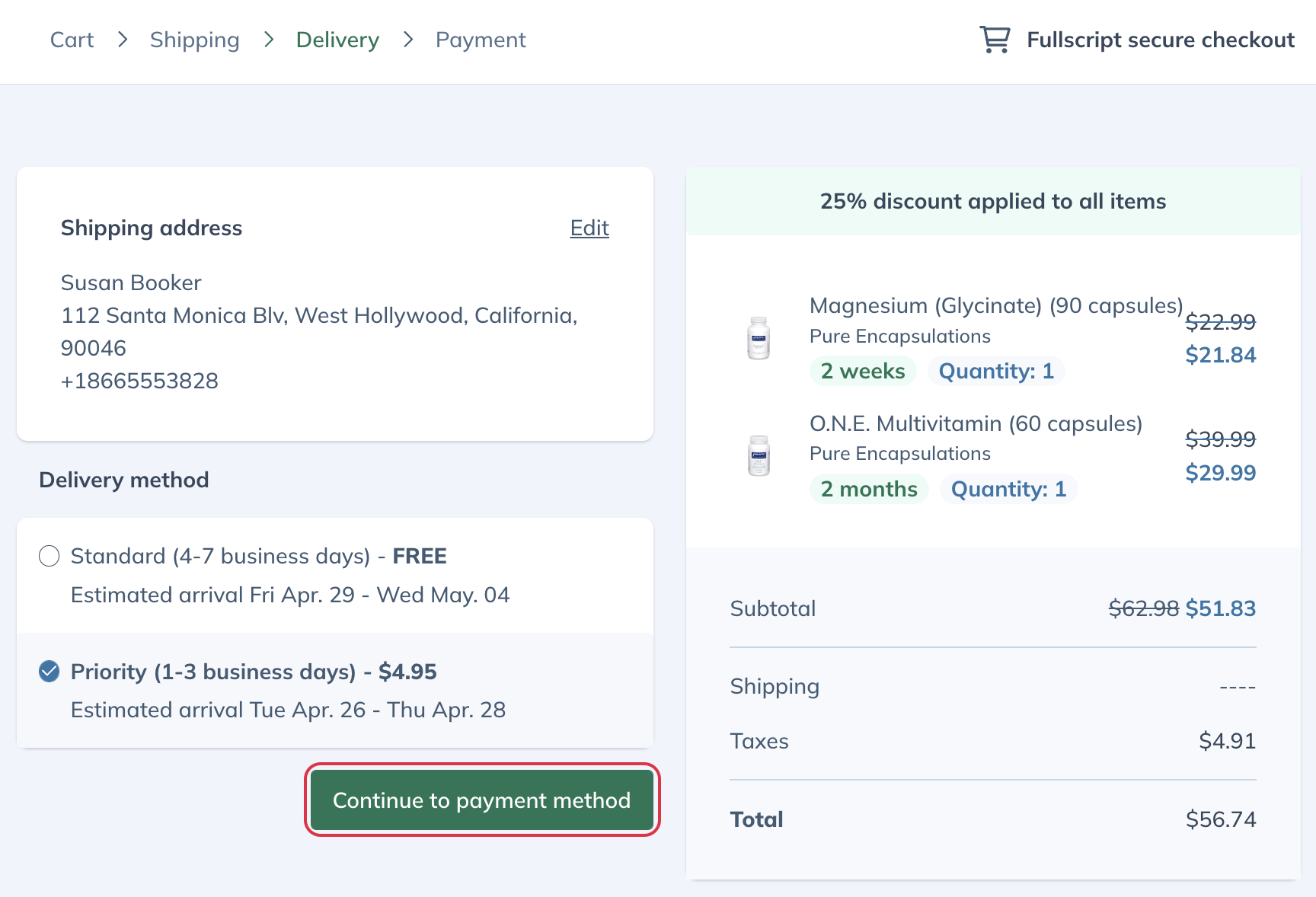 Delivery method selection in checkout