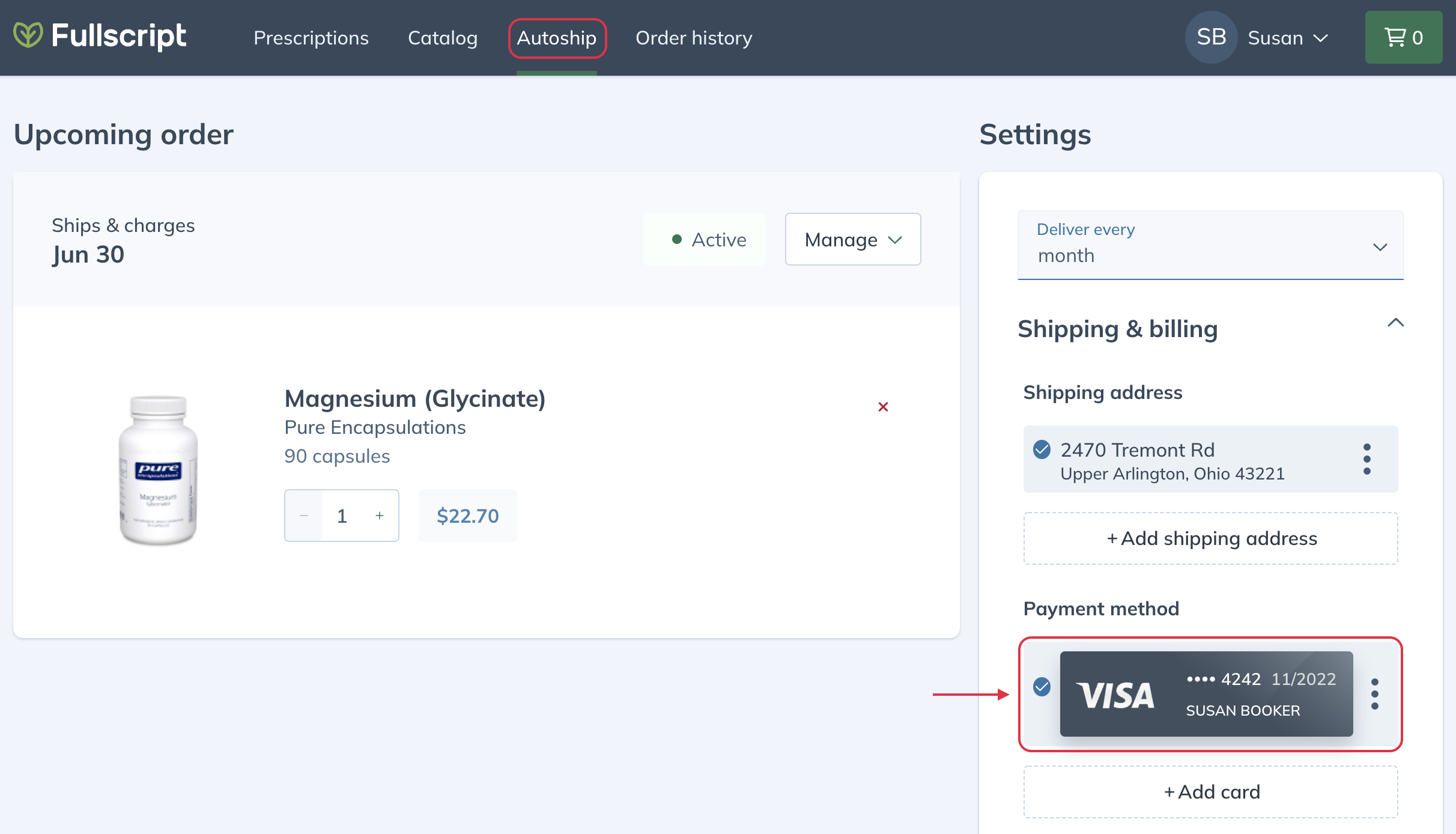 Viewing the payment method used for Autoship.