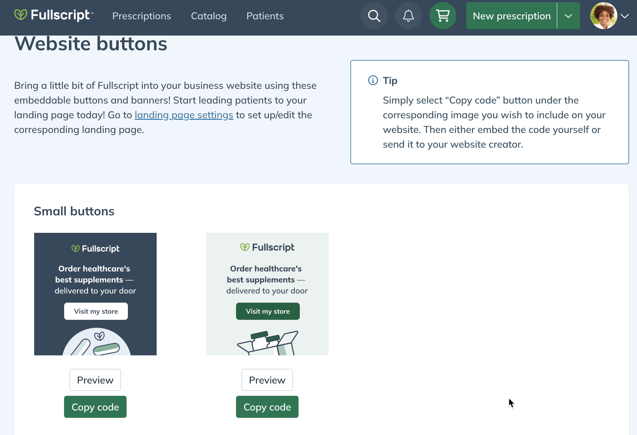 a variety of fullscript branded website buttons