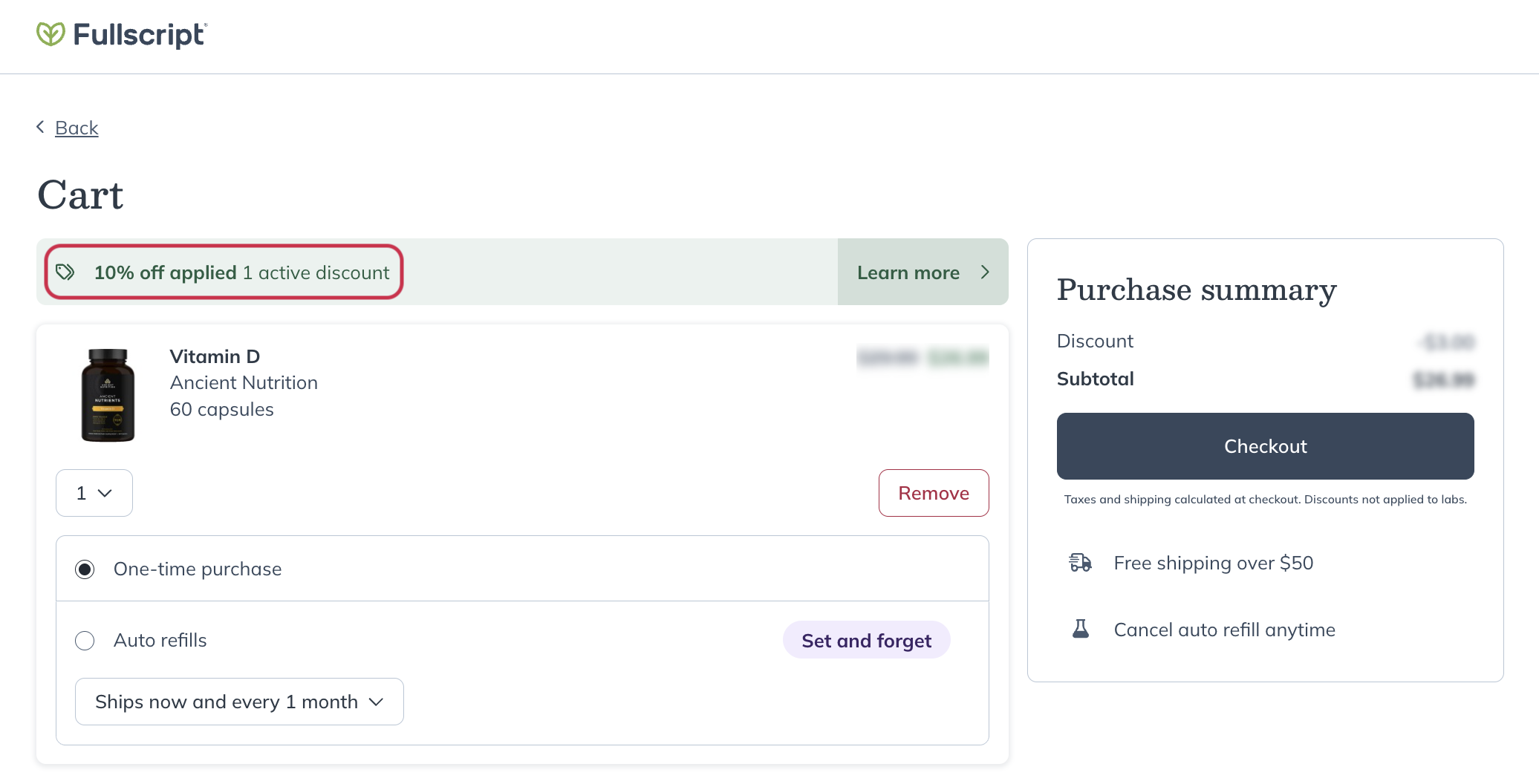 The cart of a patient that receives 10% off the retail cost of products ordered.