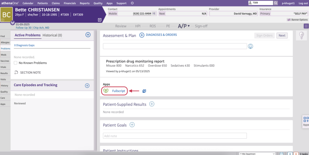 Accessing Fullscript under the Assessment & Plan section.