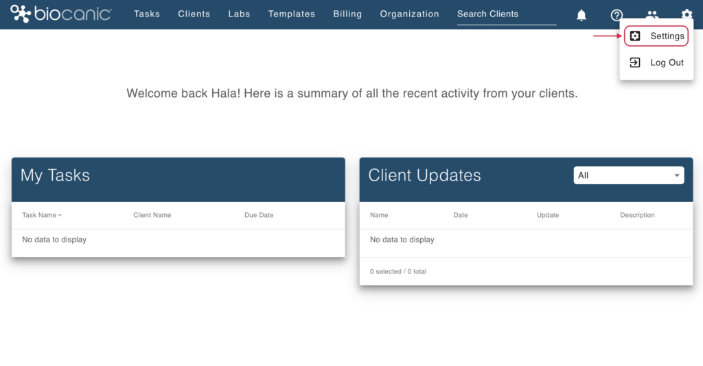 Accessing settings within Biocanic.