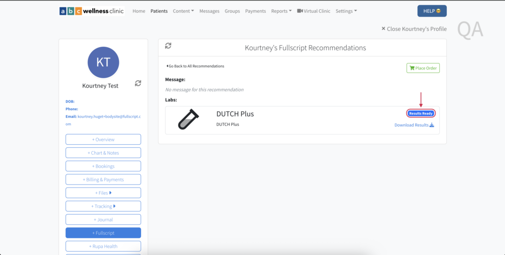 A results ready status or a lab test in Bodysite.