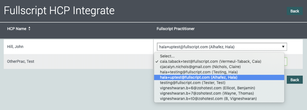 Selecting the corresponding Fullscript account.