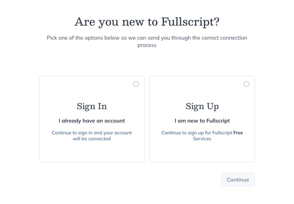 Choose to sign in or sign up for Fullscript