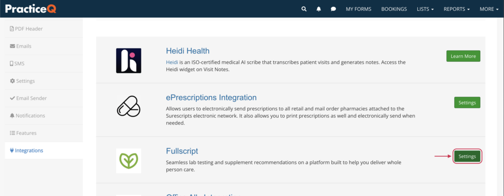 Find Fullscript and click Settings.