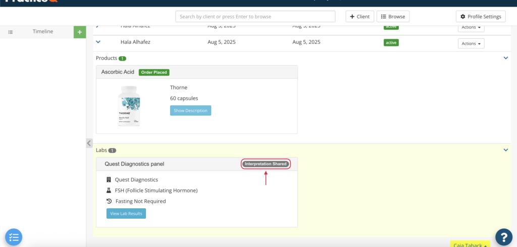 A lab test with a "interpretation shared" status.