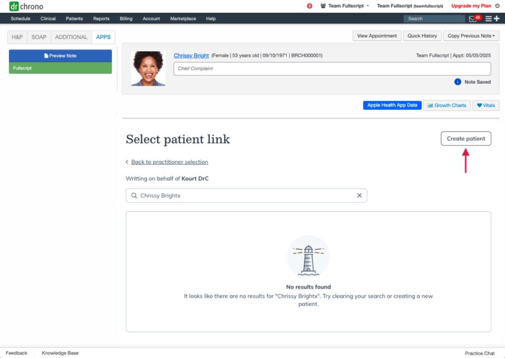 Creating a new patient in the DrChrono integration.