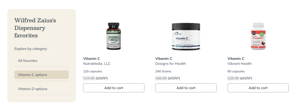 Viewing your practitioner's favorite products on the catalog page.