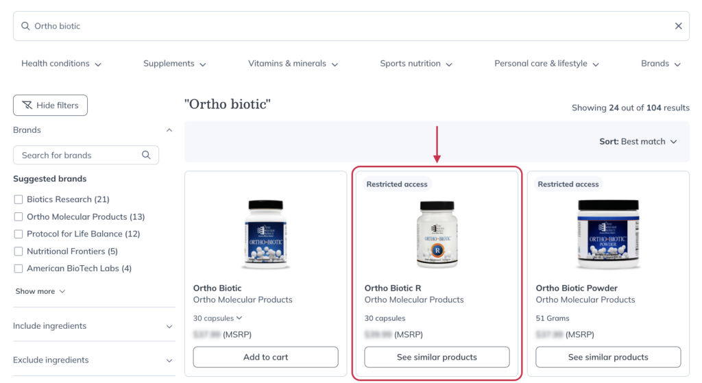 A restricted product in the patient catalog.