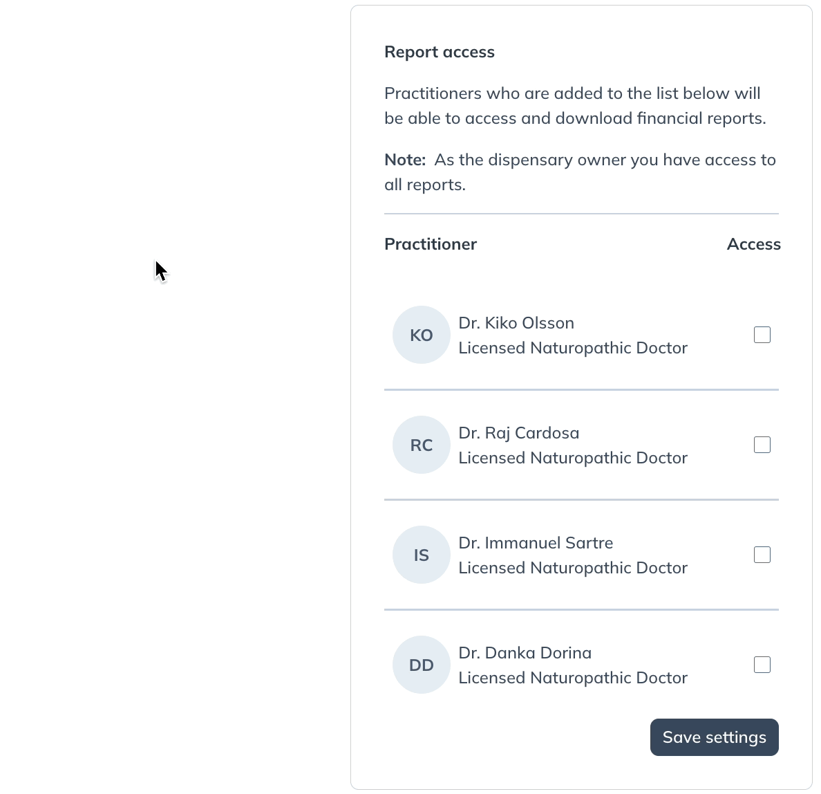 Saving report access settings.