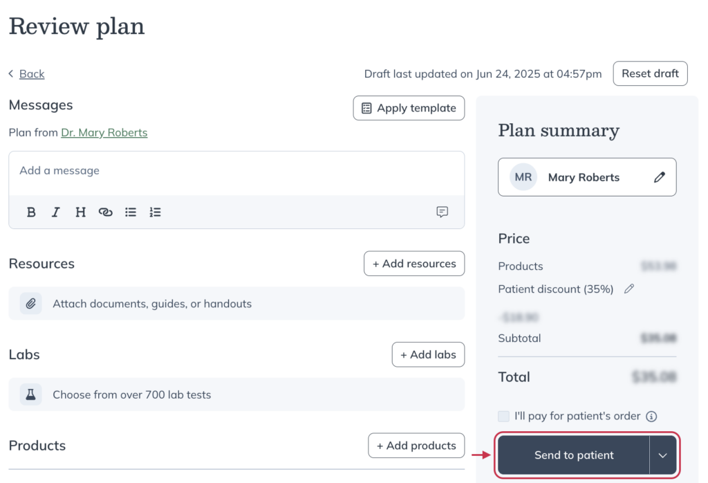 A practitioner sending a plan to their personal account.