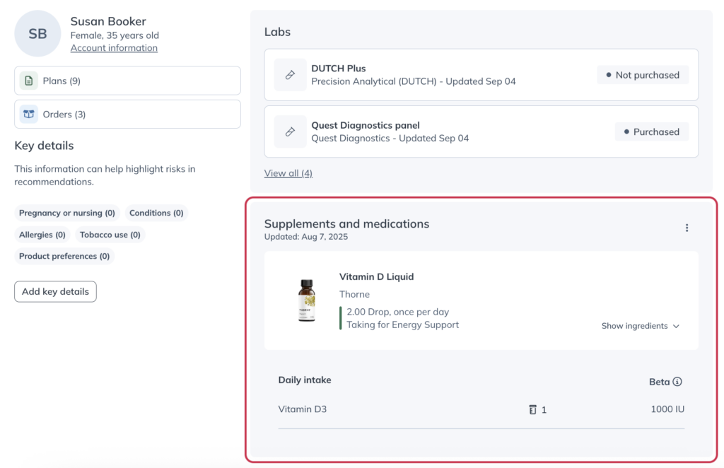 Viewing the supplements and medications your patient is currently taking.