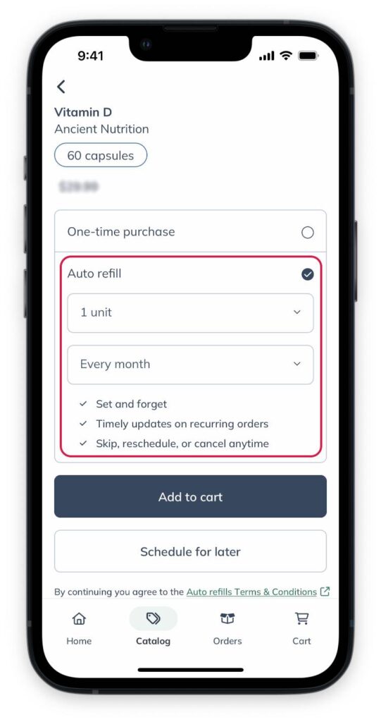 Setting up auto refills from a product card.