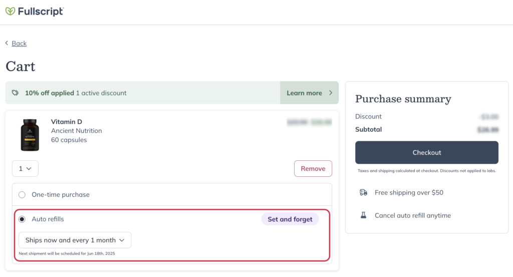 Setting up auto refills when placing an order.