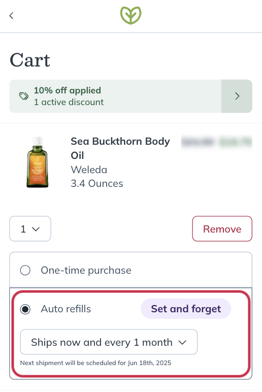 Setting up auto refills in checkout.