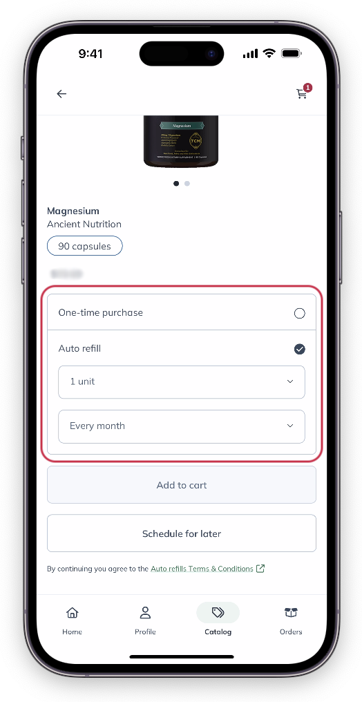 Setting up auto refills from a product card.