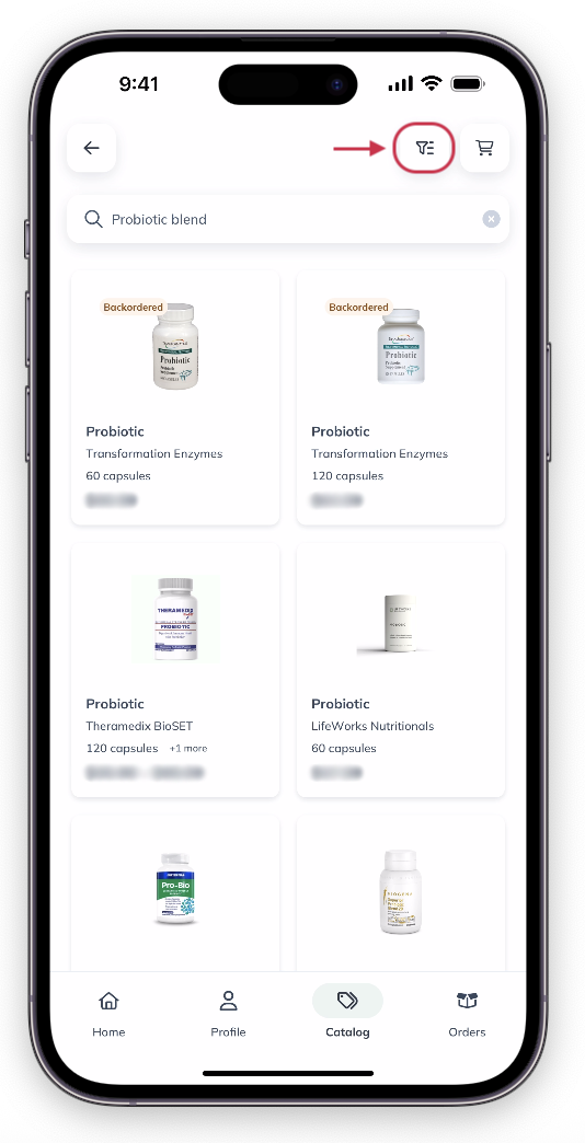 Searching the catalog using an ingredient filter.
