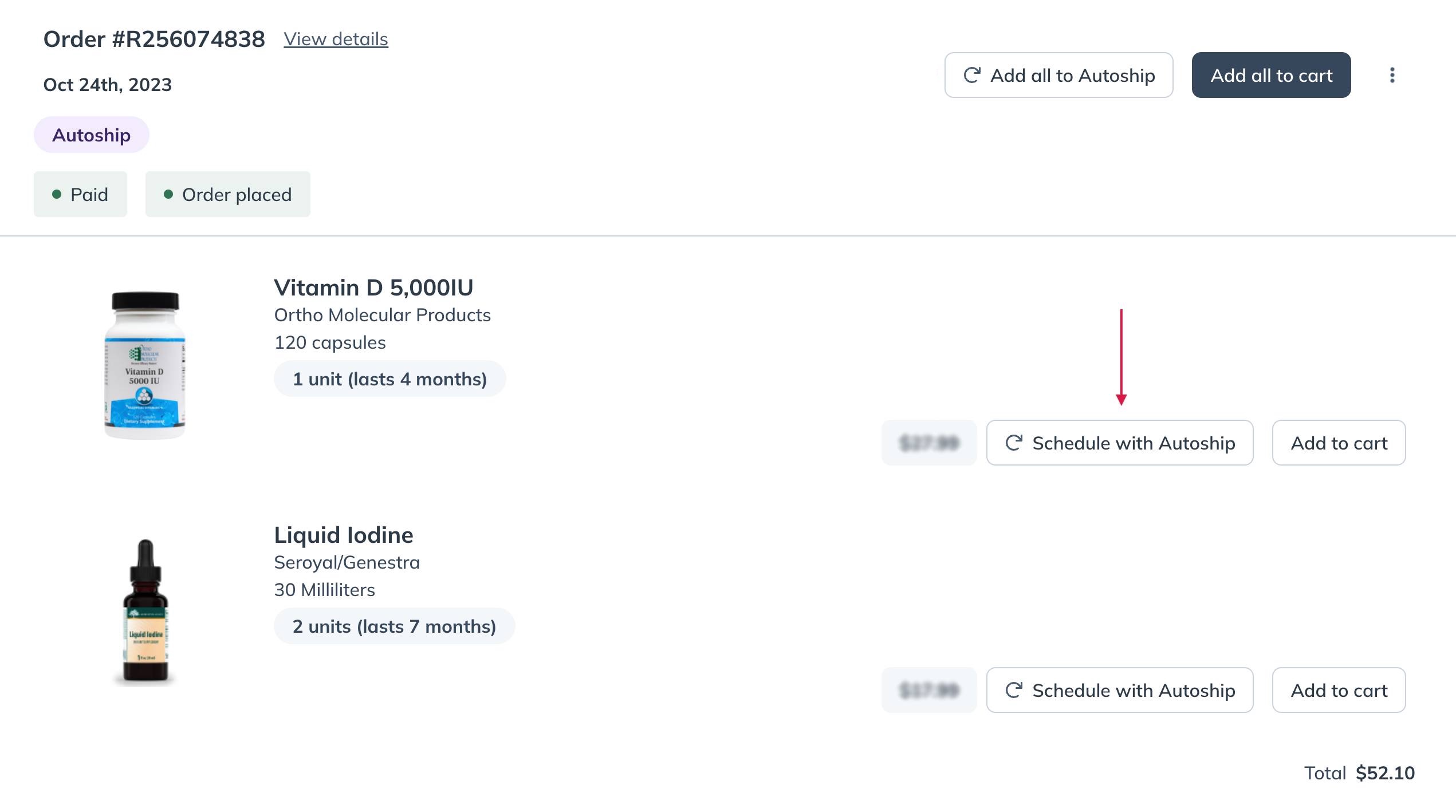 Scheduling a product with Autoship from your Order History page.